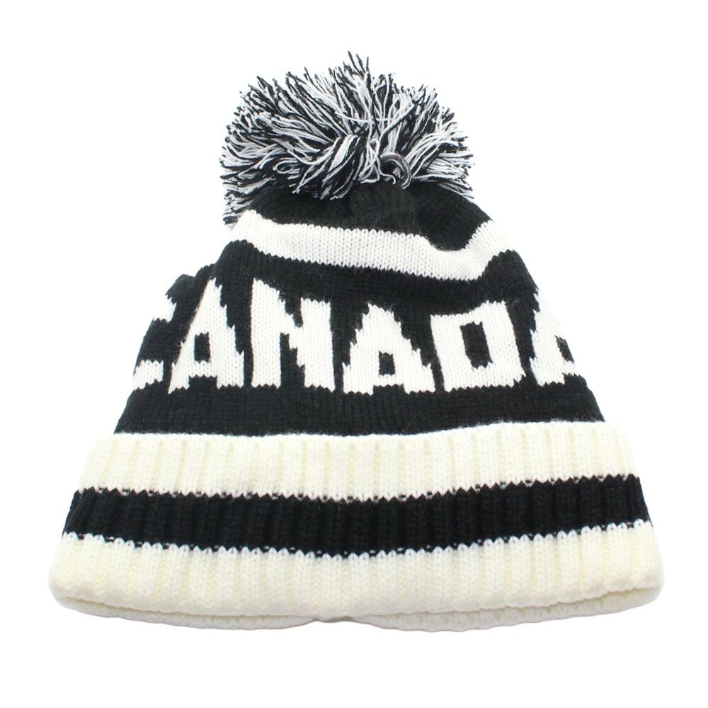 CANADA Knit Plush Lined Pompom Cuffed Striped Warm Winter Toque Hat - One Size